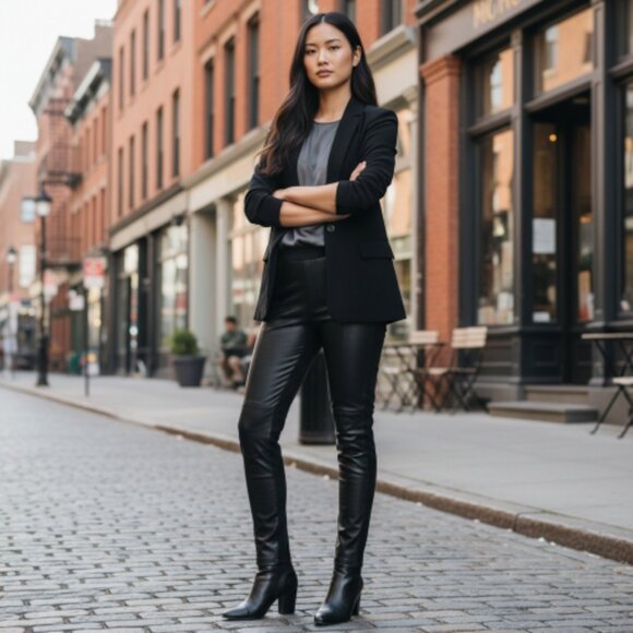 St. John Black Leather Front Panel Stretch Leggings S - Picture 2 of 12